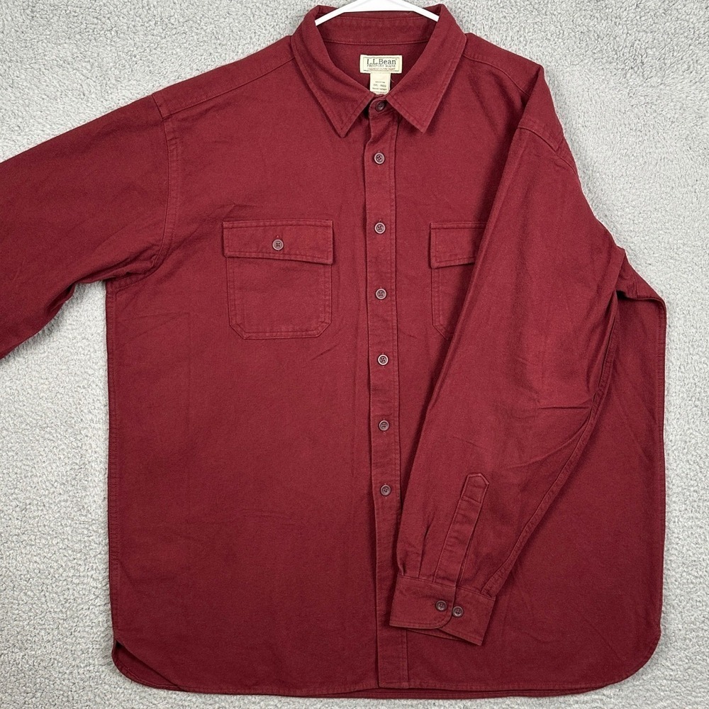 L.L. Bean Mens 2XL Chamois Cloth Shirt Red Flannel Button Up Flap Pocket EUC